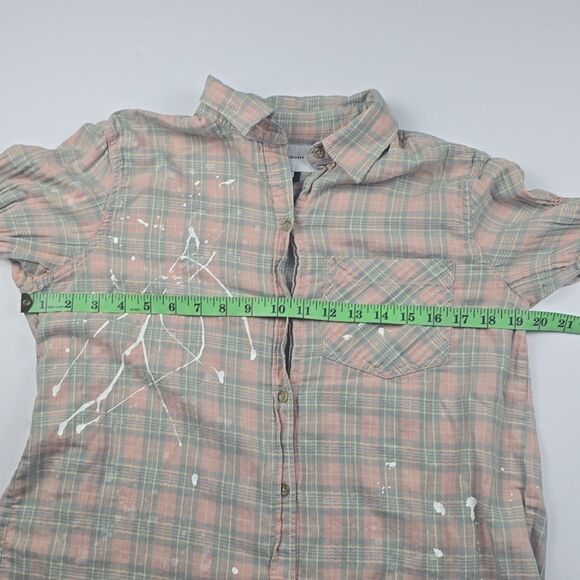 CURRENT ELLIOTT -1815 Ivie Splatter Plaid Button Down Shirt Sunshine Pink Grey S - Picture 7 of 9